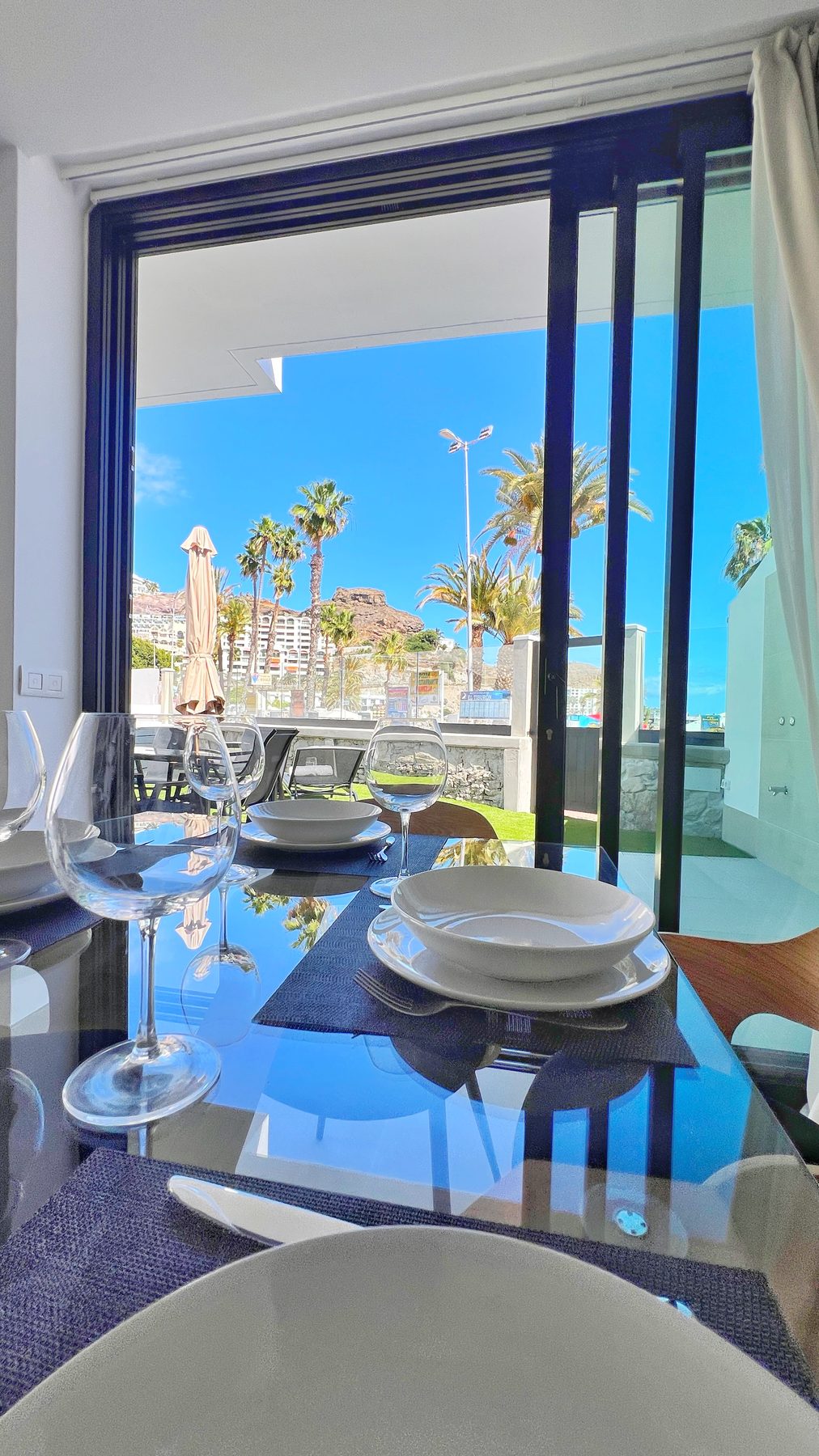 Dining table set with sea views